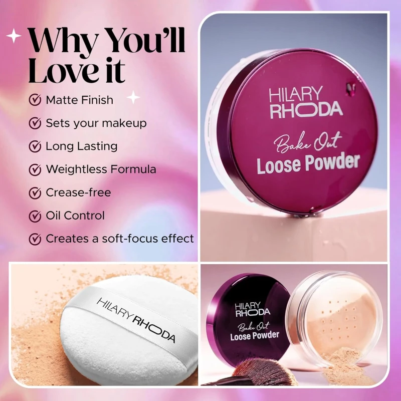 Hilary Rhoda Bake Out Loose Powder | Setting Loose Powder for Face | Matte Finish & Lightweight Loose Powder | Hides Imperfections | Oil Control Formula | 10gm (Tanslucent | Shade 01) thumbnail 5